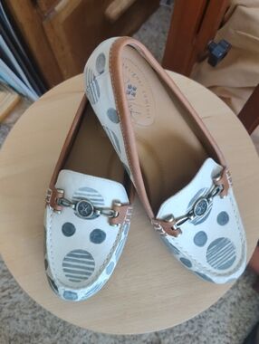 Patricia Nash Leather Upcycled Women’s Polka Dot Loafers in White and Tan